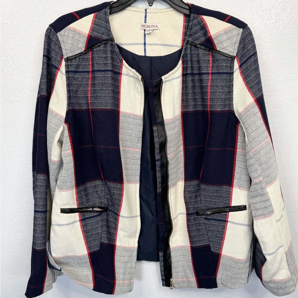 Merona Plaid Zip Front Blazer Jacket Womens Size XL Navy Cream Red